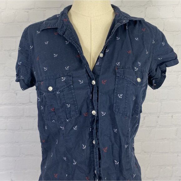 ⭐ 3/$15 LOGG Navy White Red Anchor Button Up Short Sleeve Lightweight Top - Picture 3 of 7